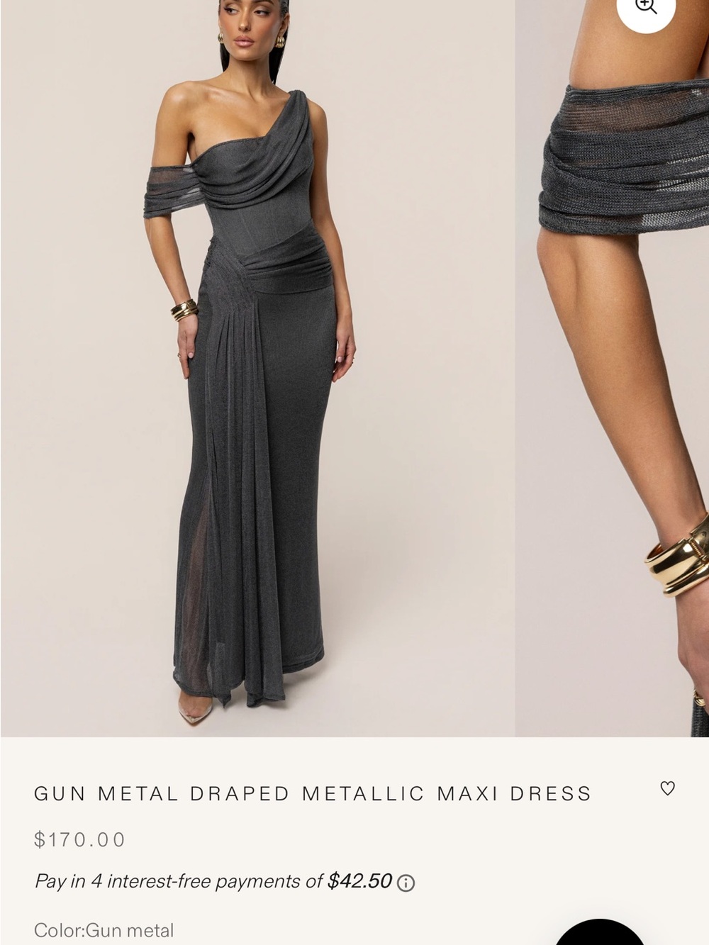 JLUXLABEL Gun Metal One-Shoulder Draped Metallic Maxi Dress SOLD OUT